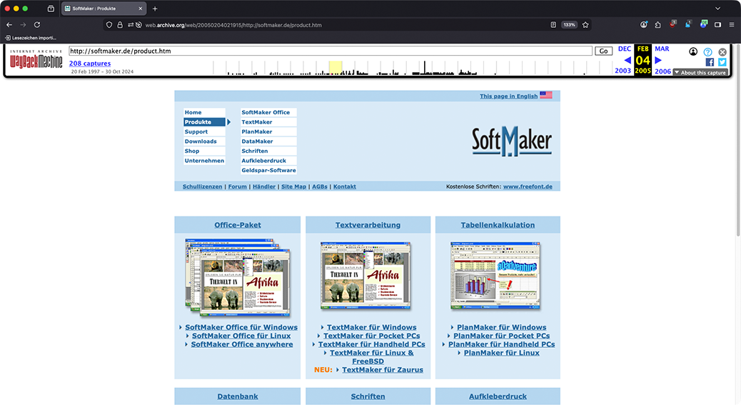 Die SoftMaker-Website im Jahr 2005