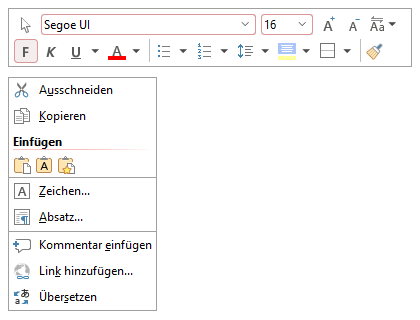 Kontextmenü mit integrierter Symbolleiste